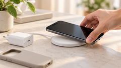 Smartphone die op een ronde draadloze oplader wordt geplaatst naast een USB-C-adapter en telefoonhoesje