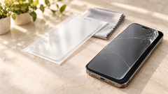 Smartphone met gebarsten screenprotector naast een nieuwe screenprotector en microvezeldoek