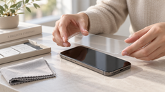 Handen die een transparante screenprotector zorgvuldig boven een smartphone uitlijnen
