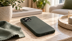 Smartphone met donkergroen beschermhoesje op een lichte tafel in een rustige premium setting