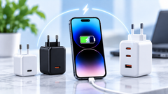 iPhone met verschillende USB-C opladers en laadicoon