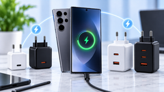 Samsung Galaxy smartphone met verschillende USB-C opladers en laadicoon