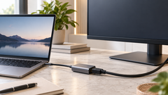 USB-C-naar-HDMI-adapter op een bureau tussen een laptop en een extern beeldscherm