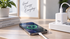Smartphone die wordt opgeladen met een USB-C-kabel en een compacte 65W-lader