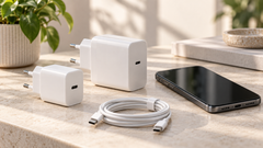 Compacte witte USB-C-oplader naast een grotere oplader, USB-C-kabel en smartphone op een lichte tafel
