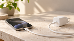 Smartphone die met een witte USB-C-kabel is aangesloten op een compacte USB-C-oplader