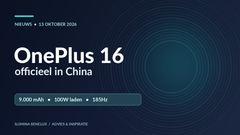 Grafische nieuwsafbeelding over de officiële OnePlus 16-introductie in China, met 9.000mAh-accu, 100W opladen en 185Hz-scherm; geen fictieve productafbeelding.