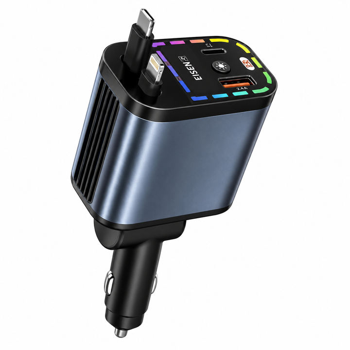 55W 4-in-1 Fast Charge Autolader met LED Display en Uitschuifbare Kabels