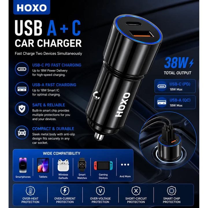 38W USB-C PD + USB-A QC Fast Charge Autolader met USB-C Kabel-Ilumina Benelux