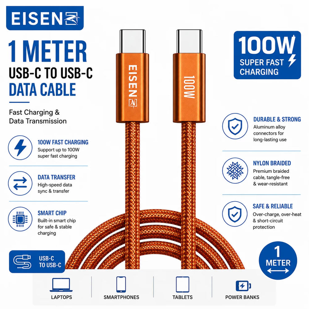100W USB-C naar USB-C Snellaadkabel 1 Meter Gevlochten