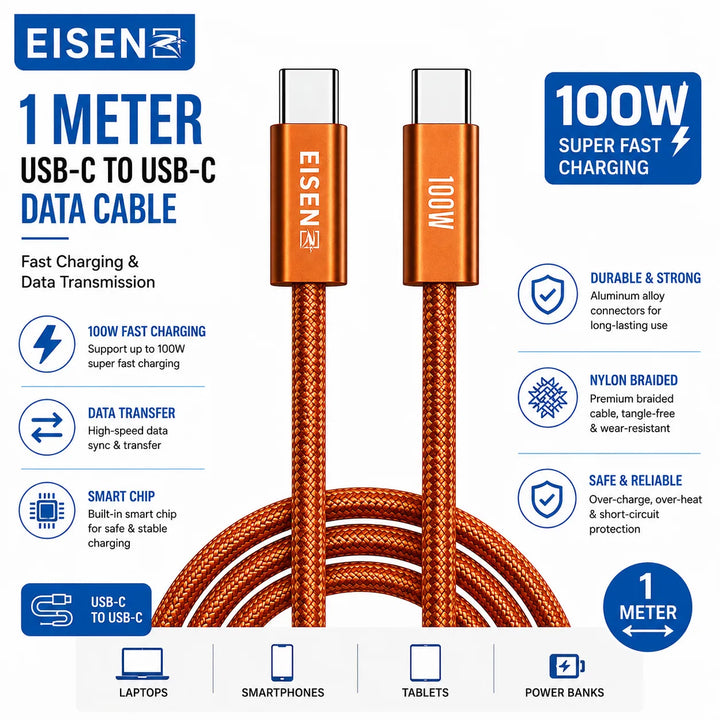 100W USB-C naar USB-C Snellaadkabel 1 Meter Gevlochten-Ilumina Benelux