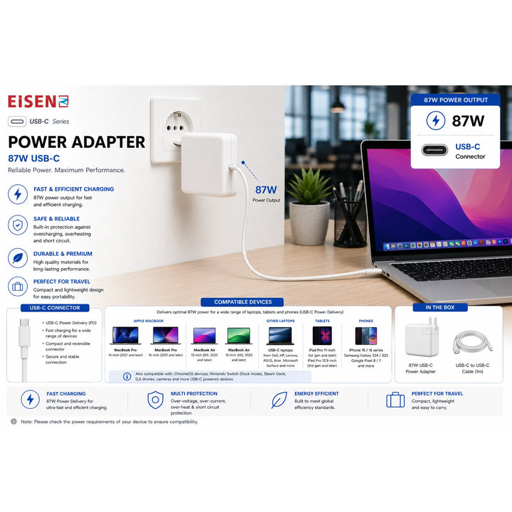 87W USB-C MacBook Oplader – USB-C Power Adapter – Snellader voor MacBook Pro 15 Inch, iPad & USB-C Apparaten – Wit-Ilumina Benelux