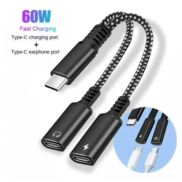 USB-C naar 2x USB-C Adapter - Audio & Opladen Splitter - PD 60W Snelladen - Geschikt voor iPhone 17/16/15, iPad, Samsung Galaxy, OnePlus & USB-C Headsets-Ilumina Benelux