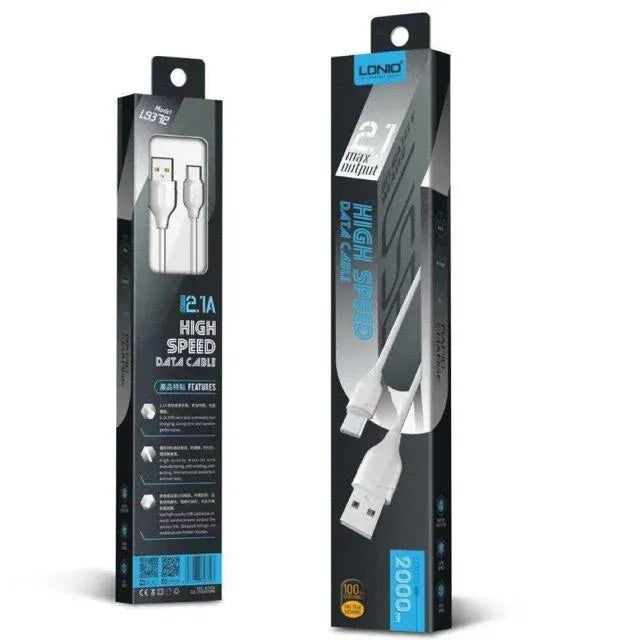 LDNIO LS372 USB-A naar Lightning Kabel – 2 Meter – High Speed Data Cable – Fast Charging – Wit-Ilumina Benelux