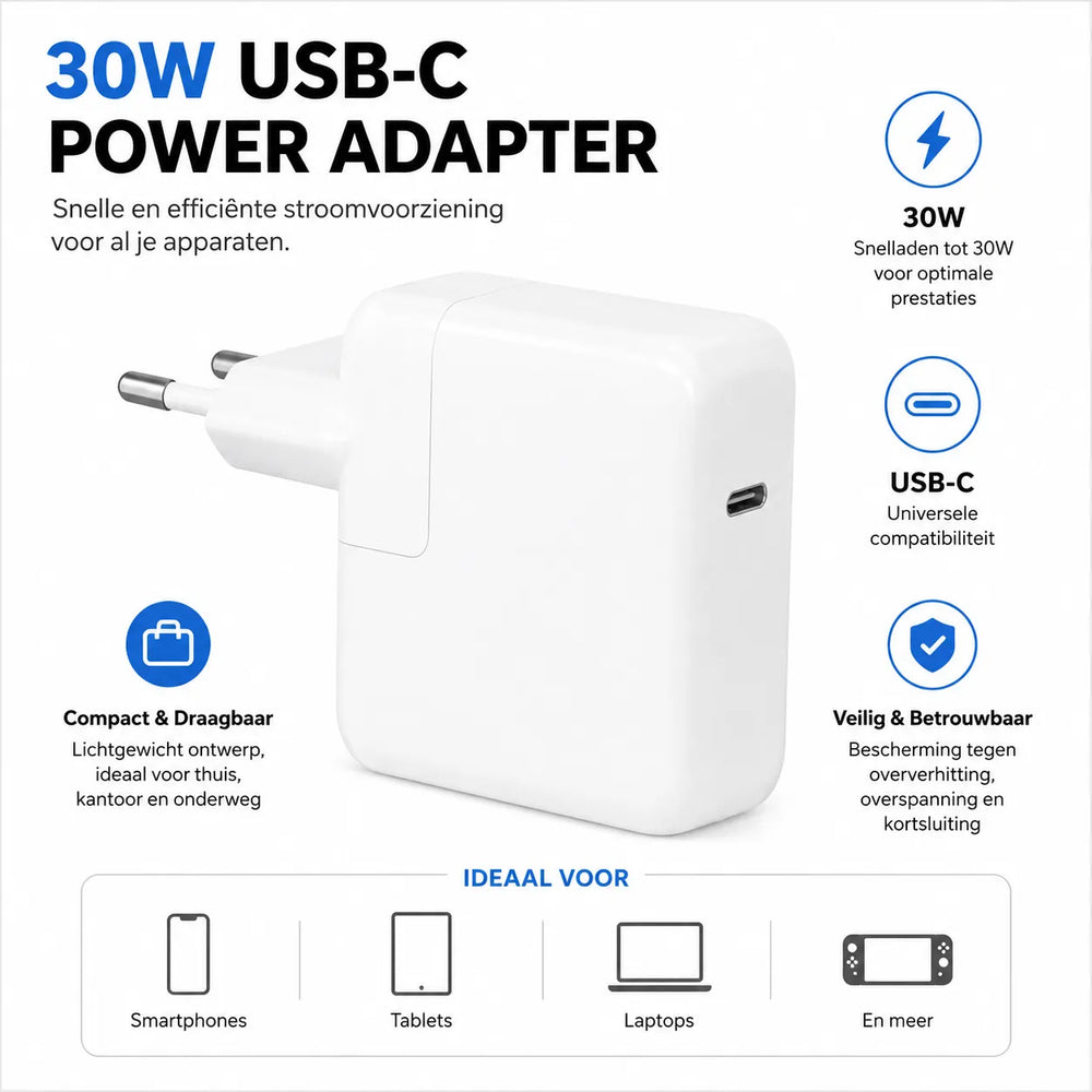 USB-C Power Adapter 30W – Snellader – Geschikt voor iPhone / iPad / MacBook Air – USB-C Oplader – Wit-Ilumina Benelux
