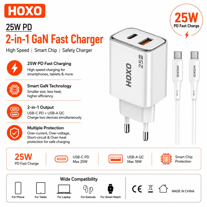 25W PD 2-in-1 GaN Fast Charger met USB-C Kabel-Ilumina Benelux