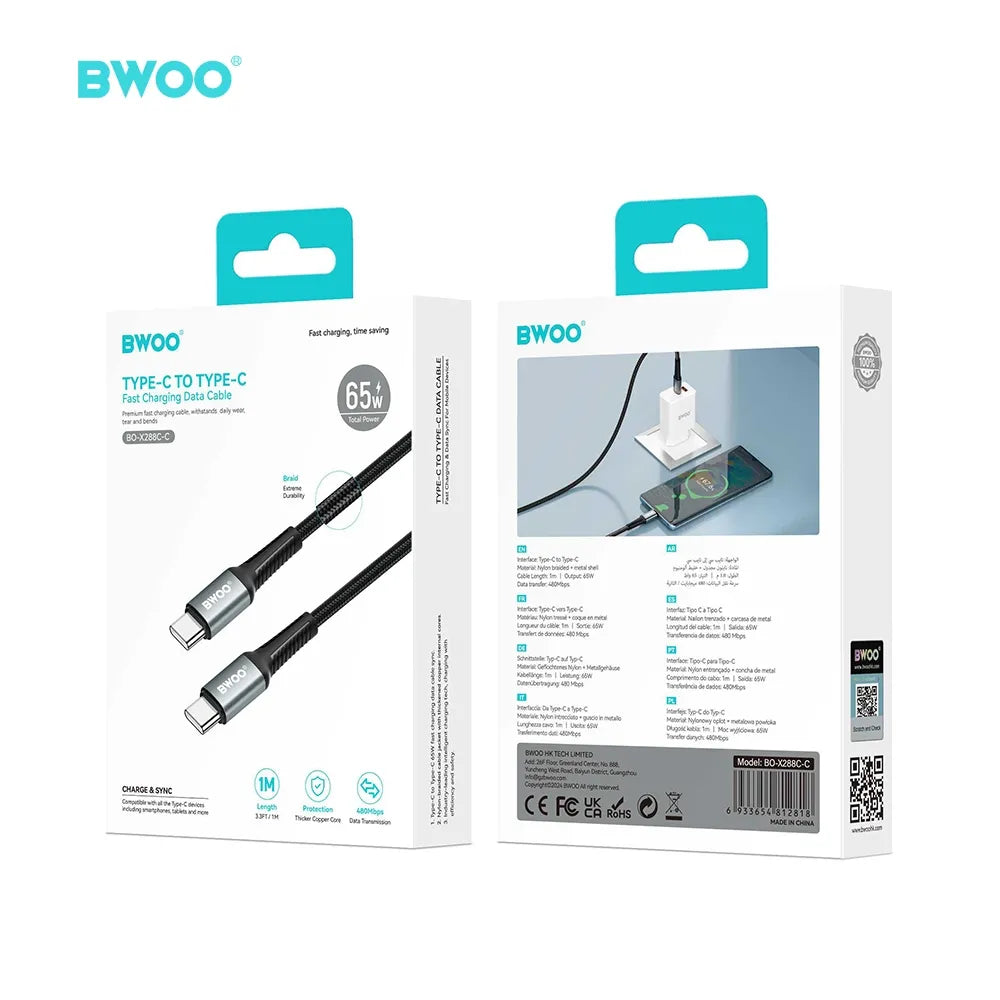 USB-C naar USB-C Kabel – 60W Power Delivery – 5A Snelladen – 2 Meter – Nylon Gevlochten – USB-C Oplaadkabe