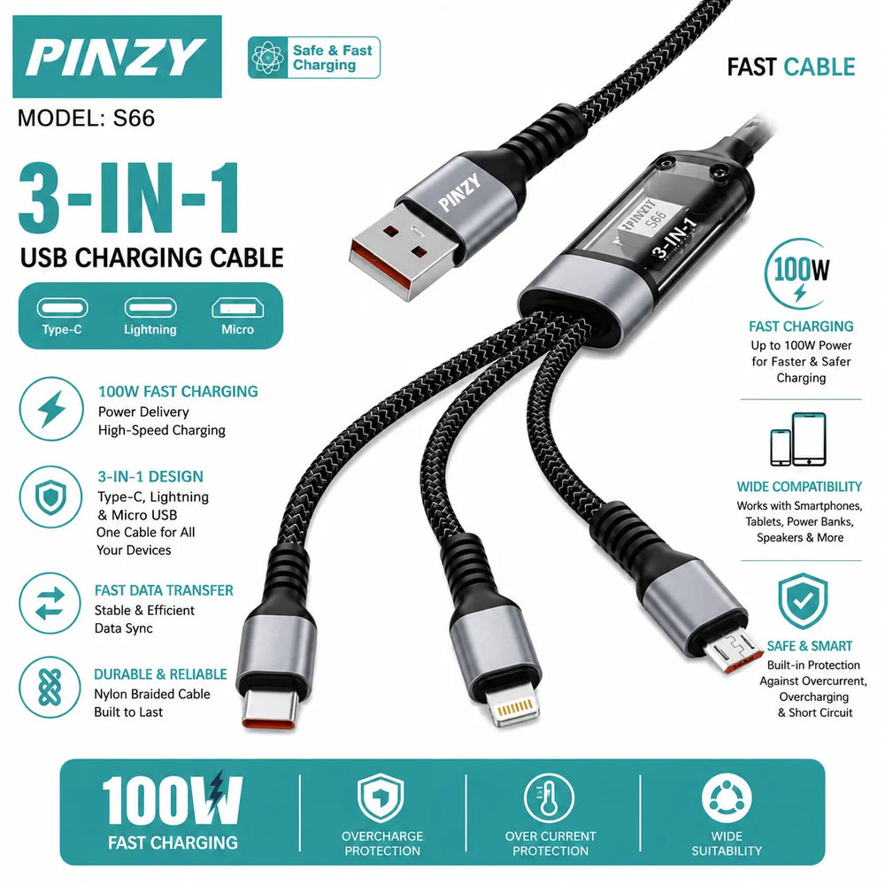 3-in-1 100W USB Oplaadkabel USB-C, Lightning en Micro-USB-Ilumina Benelux