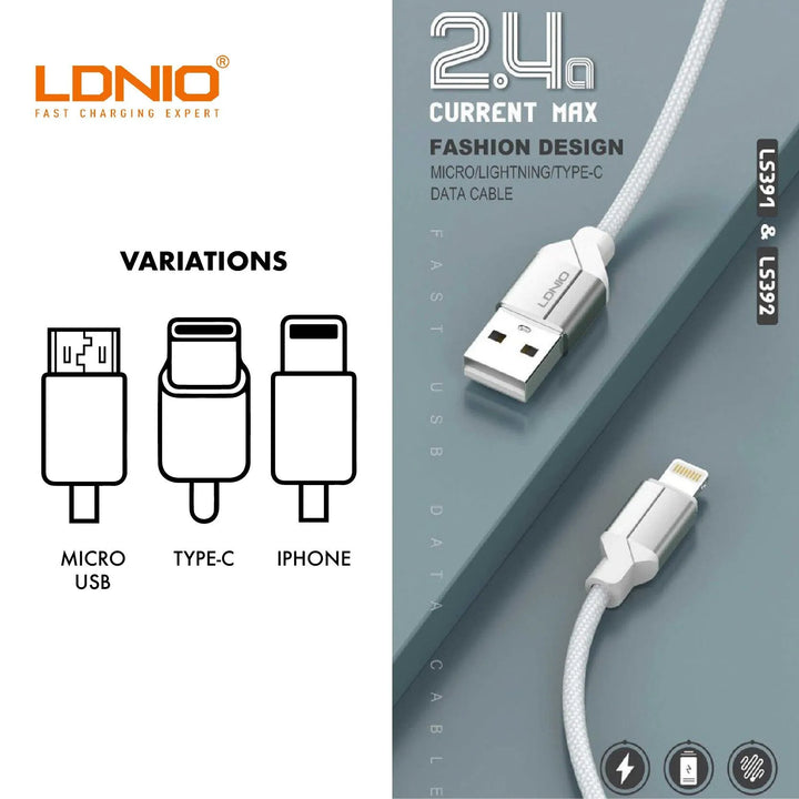 LDNIO LS391 USB-A naar Lightning Kabel – 1 Meter – Nylon Fast Charging Datakabel – Wit-Ilumina Benelux