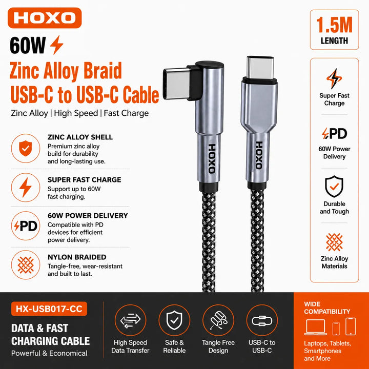 60W USB-C naar USB-C Snellaadkabel 1.5 Meter Gevlochten-Ilumina Benelux