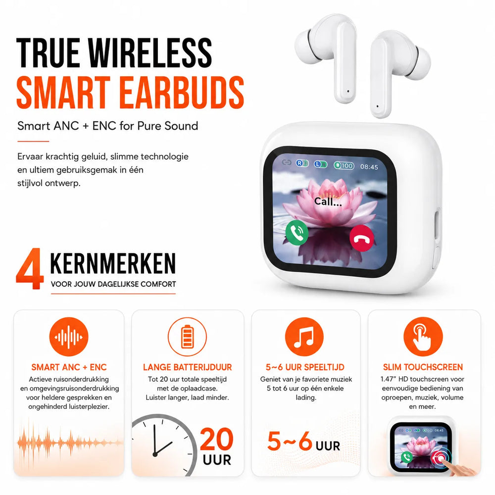 Draadloze Bluetooth Oordopjes met ANC & ENC – Touchscreen Display – TWS Earbuds – Wit-Ilumina Benelux