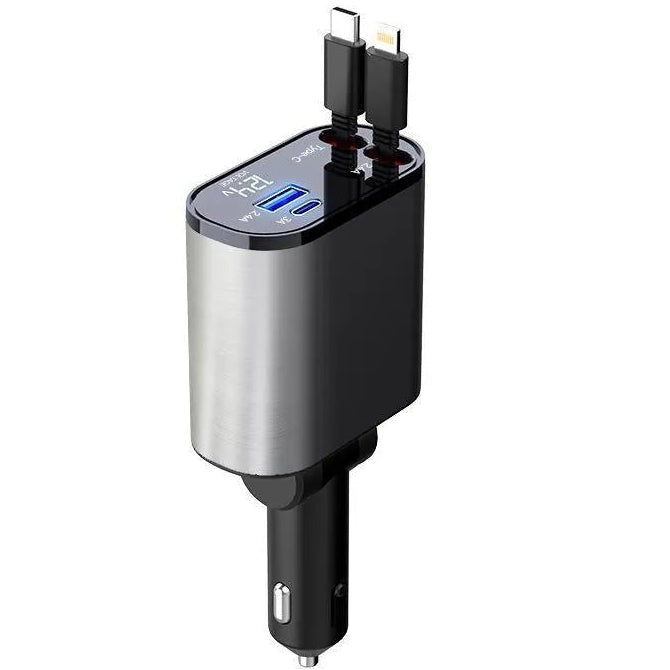 45W Fast Charge Autolader met Oprolbare USB-C & Lightning Kabel USB-C + USB-A