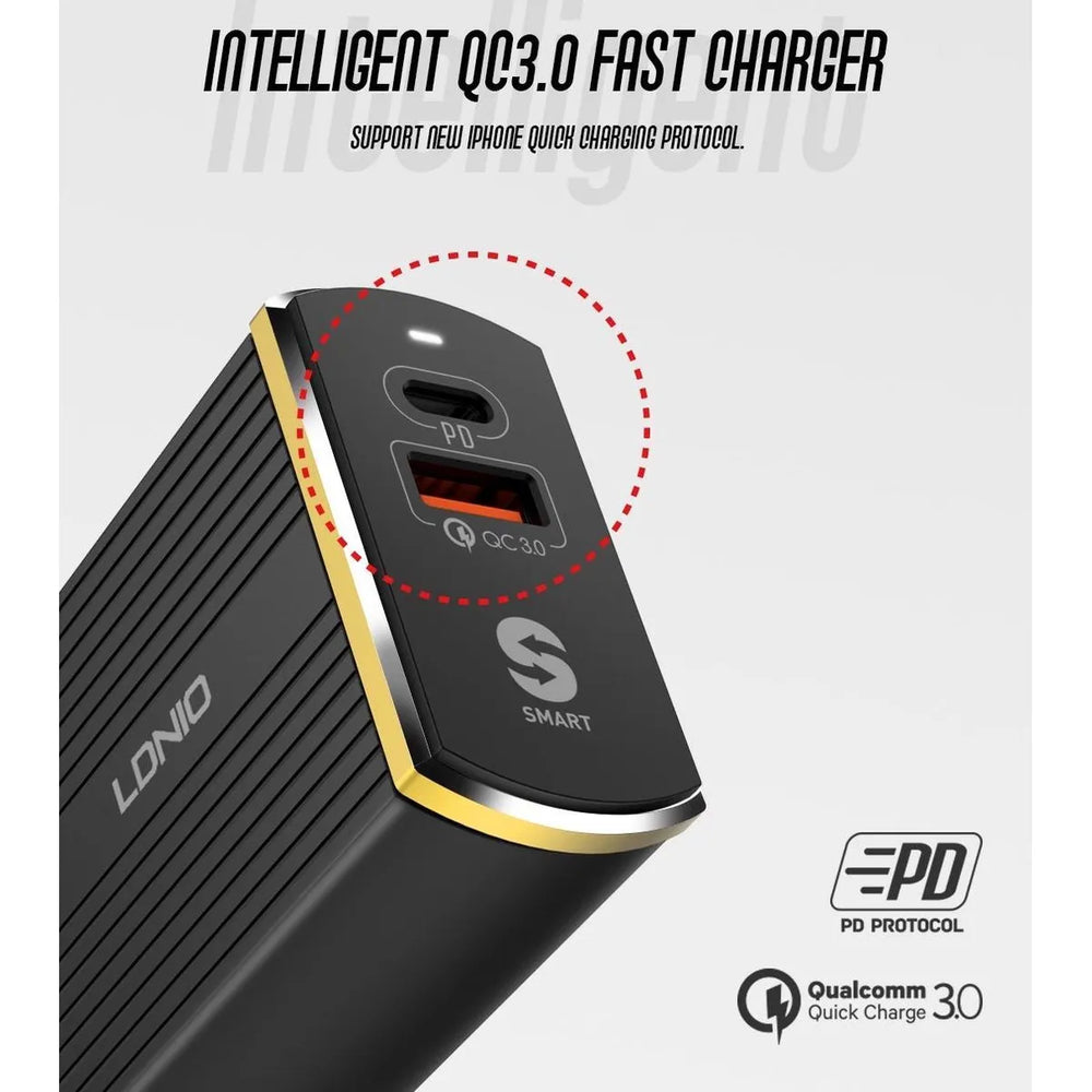 LDNIO A2502C QC 3.0 + USB-C PD Snellader 36W – Dual USB Travel Charger – Zwart-Ilumina Benelux