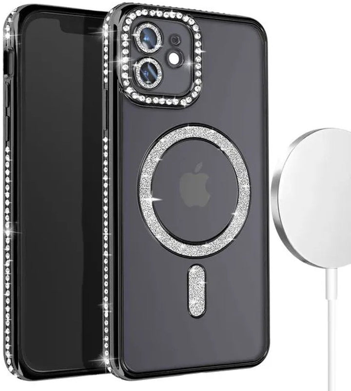 iPhone 12 Pro Hoesjes – MagSafe Glitter Backcover – Strass Diamantjes – Glamour – Zwart-Ilumina Benelux
