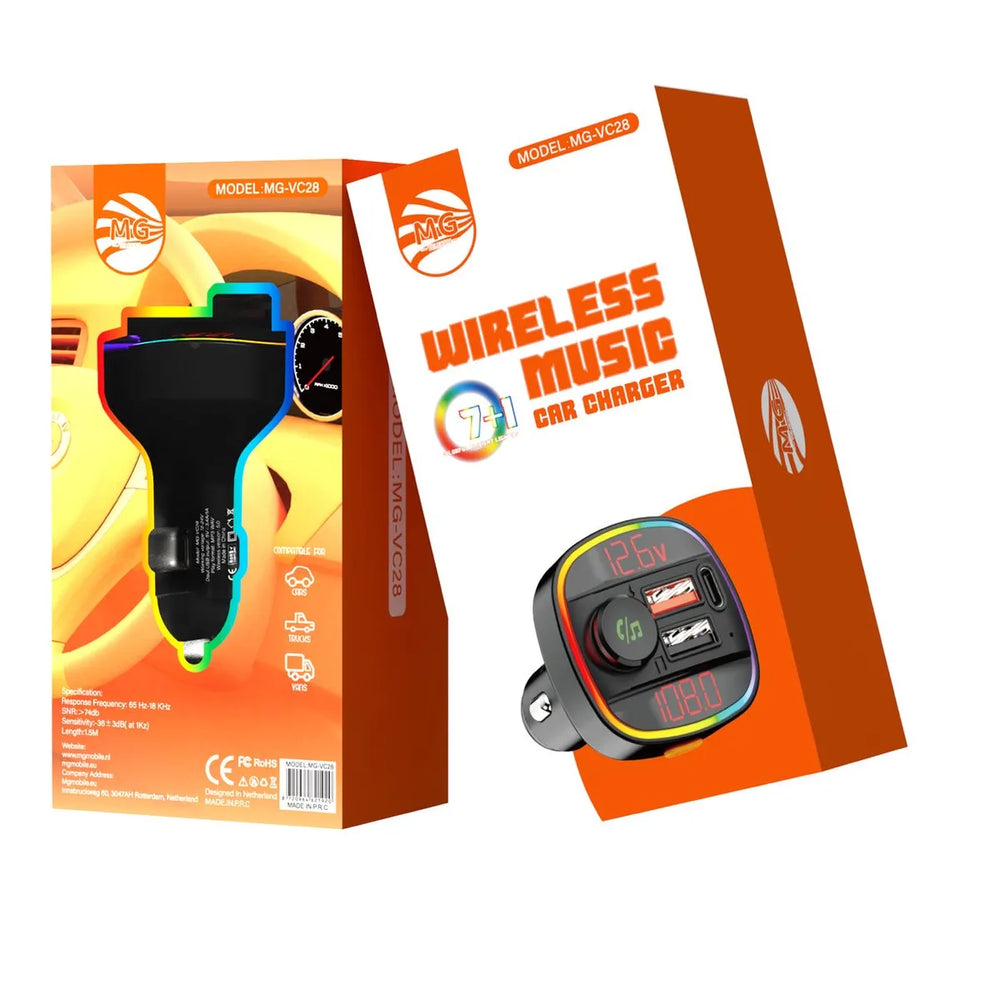 FM Car Transmitter 12,6V MG-VC28 met Bluetooth – 2x USB-A + USB-C – 7+1 Kleuren RGB Verlichting-Ilumina Benelux
