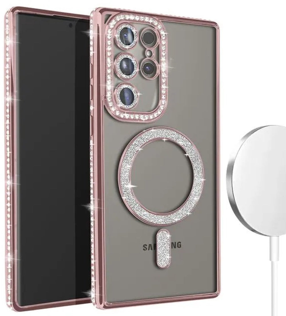 Samsung Galaxy S23 Ultra Hoesjes – MagSafe Glitter Backcover – Strass Diamantjes – Glamour – Roségoud-Ilumina Benelux