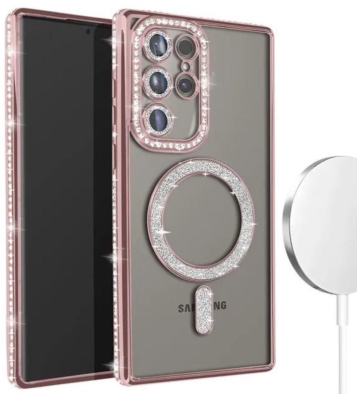 Samsung Galaxy S23 Ultra Hoesjes – MagSafe Glitter Backcover – Strass Diamantjes – Glamour – Roségoud-Ilumina Benelux