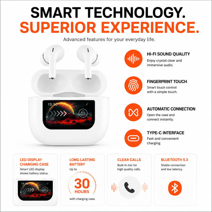 Draadloze Bluetooth Oordopjes met Display - IPX4 Waterbestendig - Touch Control - Type-C Oplaadcase - HiFi Stereo Earbuds-Ilumina Benelux