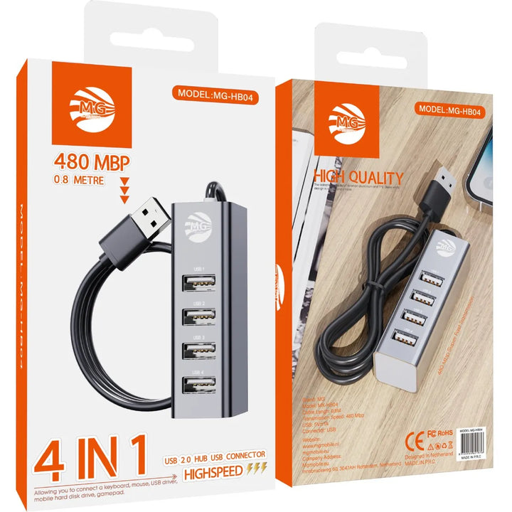 USB Hub – 4 Poorten USB 2.0 – 480Mbps – 0.8 Meter Kabel – Grijs-Ilumina Benelux