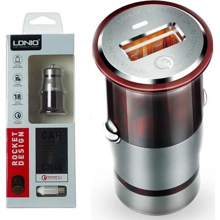 LDNIO C304Q QC3.0 USB Autolader 3A met Lightning Kabel voor iPhone-Ilumina Benelux