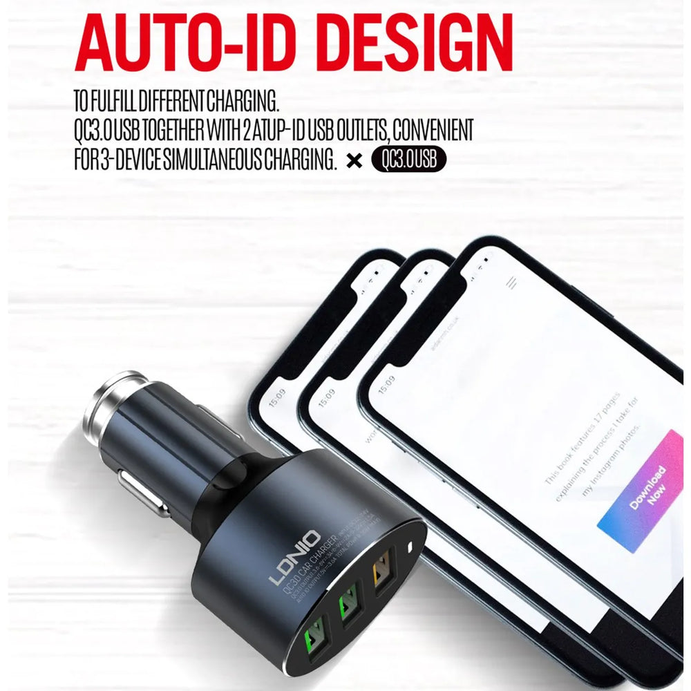 LDNIO C703Q 36W Universele QC3.0 Autolader met 3 USB Poorten en Micro-USB Kabel-Ilumina Benelux