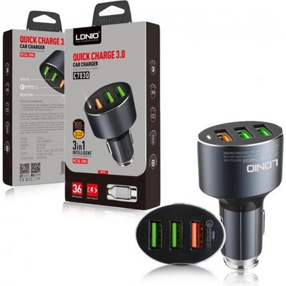 LDNIO C703Q 36W Universele QC3.0 Autolader met 3 USB Poorten en Micro-USB Kabel-Ilumina Benelux