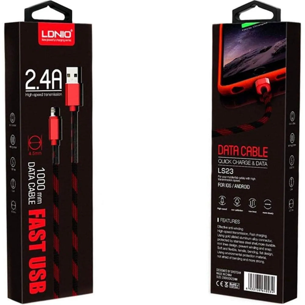 LDNIO LS23 USB-A naar Lightning Kabel – 1 Meter – 2.4A Fast Charging Nylon Kabel – Rood-Ilumina Benelux