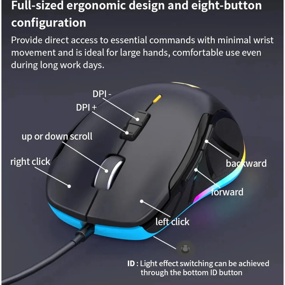 Gaming Muis RGB – 6400 DPI Bedrade Gaming Mouse – 8 Knoppen – Ergonomisch – USB – Voor PC, Laptop & Mac – Zwart