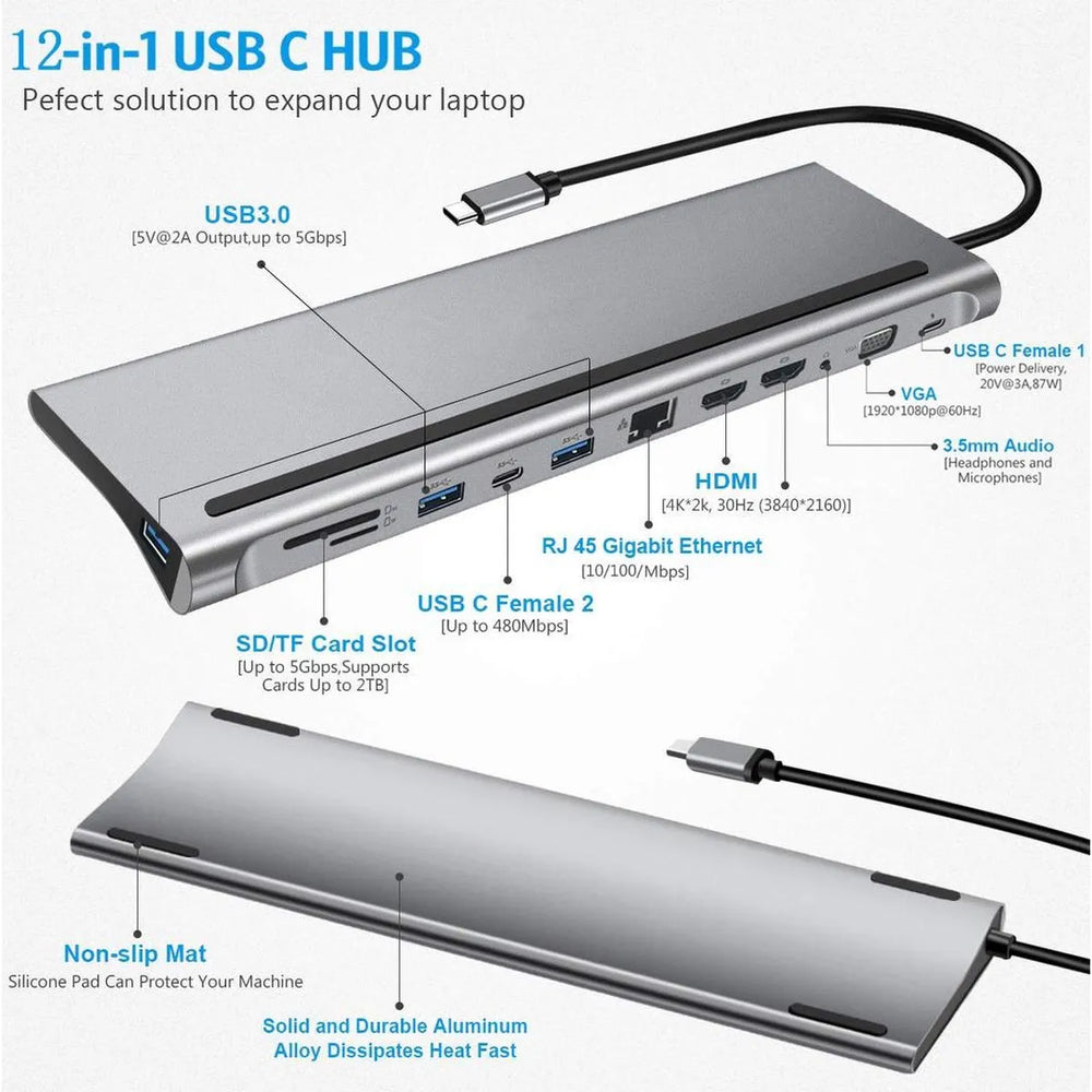 12-in-1 USB-C Hub Adapter met Laptopstandaard – Dual HDMI 4K, VGA, Gigabit Ethernet, 100W Power Delivery, USB 3.0, SD & Micro SD Kaartlezer – Space Grey