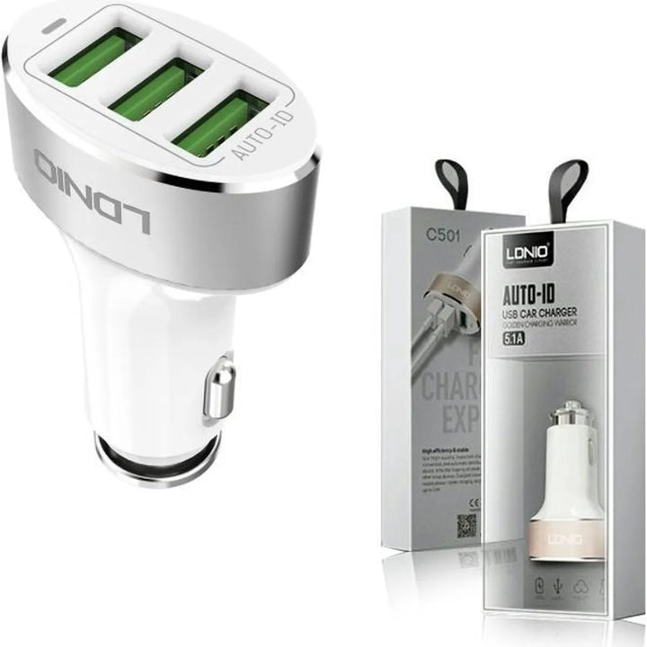 LDNIO C501 3 USB Fast Charge Autolader 5.1A met Lightning Kabel-Ilumina Benelux
