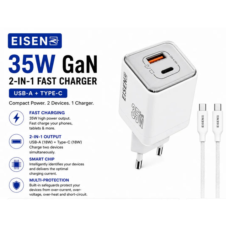 35W GaN Snellader USB-C PD + USB-A Oplader met USB-C Kabel – Wit-Ilumina Benelux