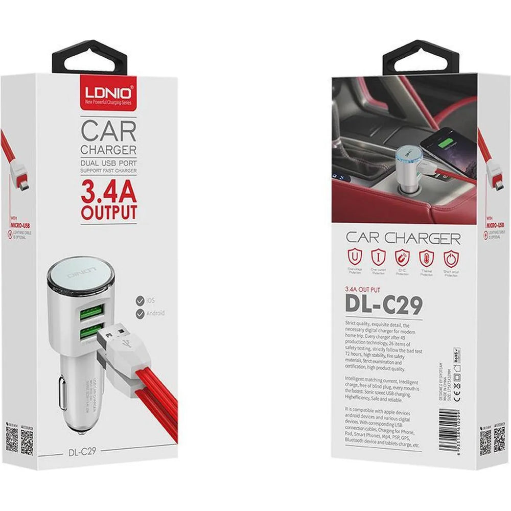 LDNIO DL-C29 Dual USB Autolader 3.4A met Lightning Kabel-Ilumina Benelux