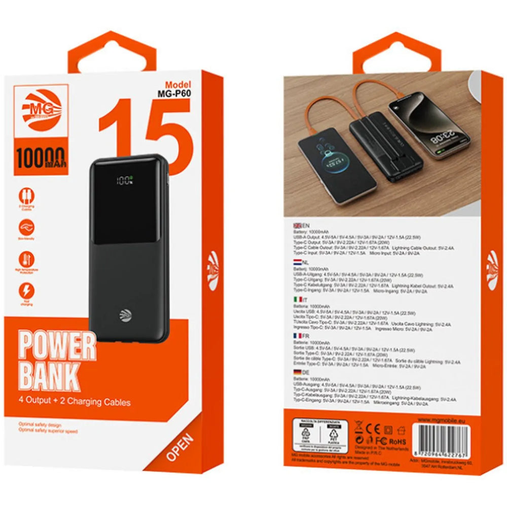 Powerbank 10000mAh – Zwart – 4 Uitgangen – 2 Ingebouwde Oplaadkabels – Digitale Batterijweergave-Ilumina Benelux