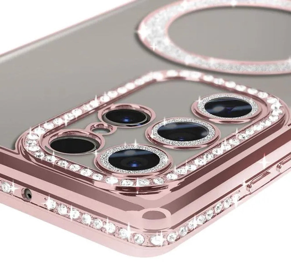 Samsung Galaxy S23 Ultra Hoesjes – MagSafe Glitter Backcover – Strass Diamantjes – Glamour – Roségoud-Ilumina Benelux