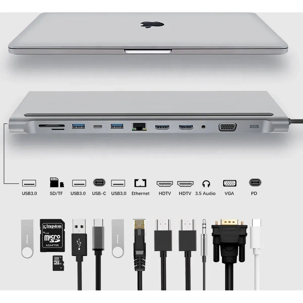 12-in-1 USB-C Hub Adapter met Laptopstandaard – Dual HDMI 4K, VGA, Gigabit Ethernet, 100W Power Delivery, USB 3.0, SD & Micro SD Kaartlezer – Space Grey