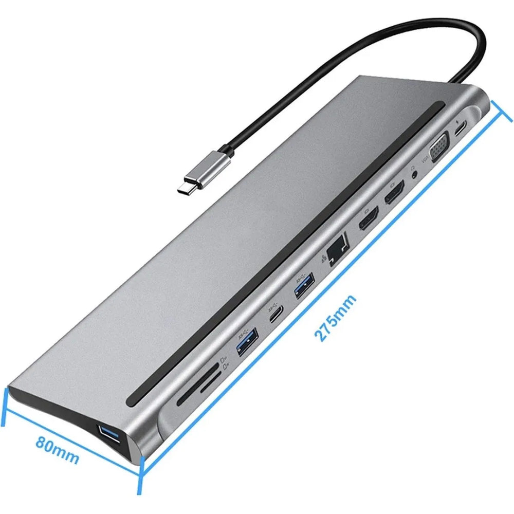 12-in-1 USB-C Hub Adapter met Laptopstandaard – Dual HDMI 4K, VGA, Gigabit Ethernet, 100W Power Delivery, USB 3.0, SD & Micro SD Kaartlezer – Space Grey