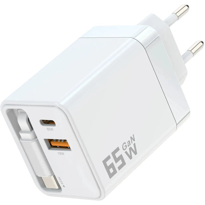 65W GaN Snellader met Intrekbare USB-C Kabel en USB-A Poort – Witte Fast Charger-Ilumina Benelux