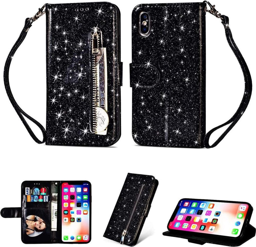 iPhone X/XS Hoesjes – Glitter Portemonnee Case – Rits & Koord – Pasjeshouder – Zwart-Ilumina Benelux
