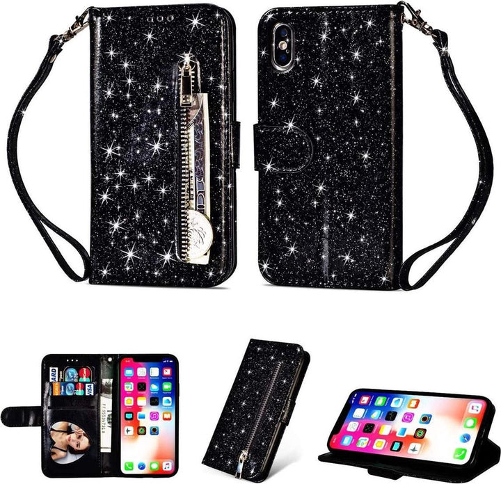 iPhone X/XS Hoesjes – Glitter Portemonnee Case – Rits & Koord – Pasjeshouder – Zwart-Ilumina Benelux