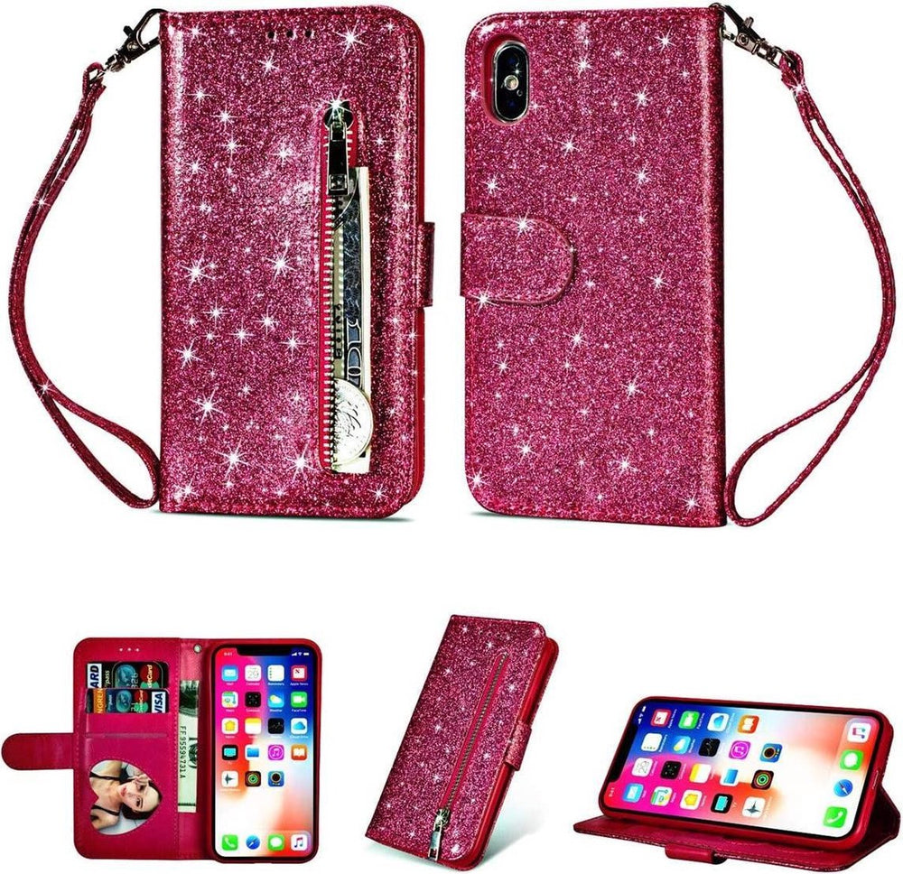 iPhone X/XS Hoesjes – Glitter Portemonnee Case – Rits & Koord – Pasjeshouder – Roze-Ilumina Benelux